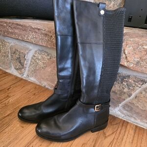 Cole Haan Black Leather Riding Boots 9.5 Gold Accents Stretch Back